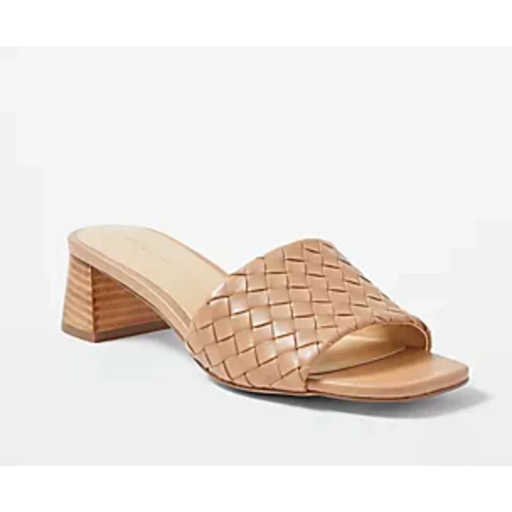 NEW ANN TAYLOR DESERT SAND WOVEN STRAP LEATHER BLOCK HEEL SLIDES SHOES SIZE 8